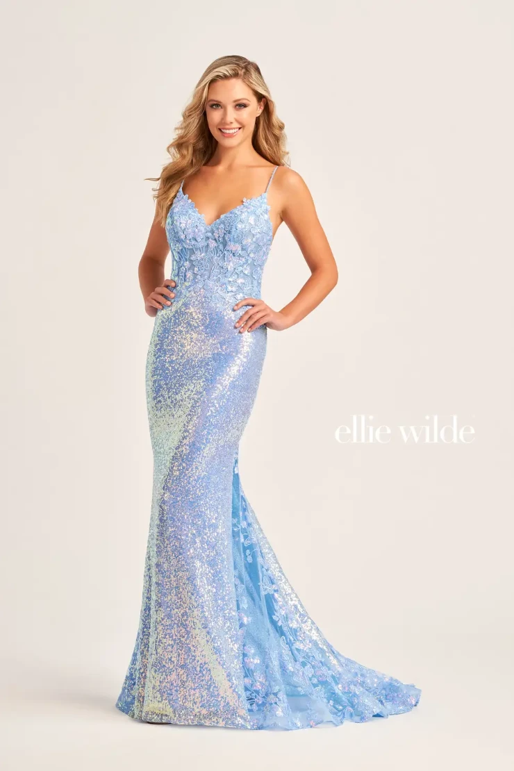 EW35202 ALLOVER SEQUIN TRUMPET DRESS WITH A CORSET BODICE AND OPEN BACK #3 Light Blue picture