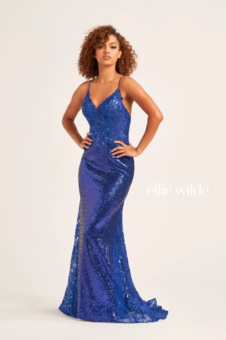 EW35202 ALLOVER SEQUIN TRUMPET DRESS WITH A CORSET BODICE AND OPEN BACK #4 Navy Blue picture