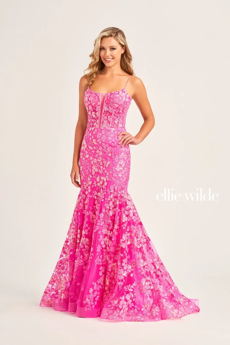 EW35203 plunging scoop neckline prom dress with a sheer corset bodice #5 Hot Pink picture
