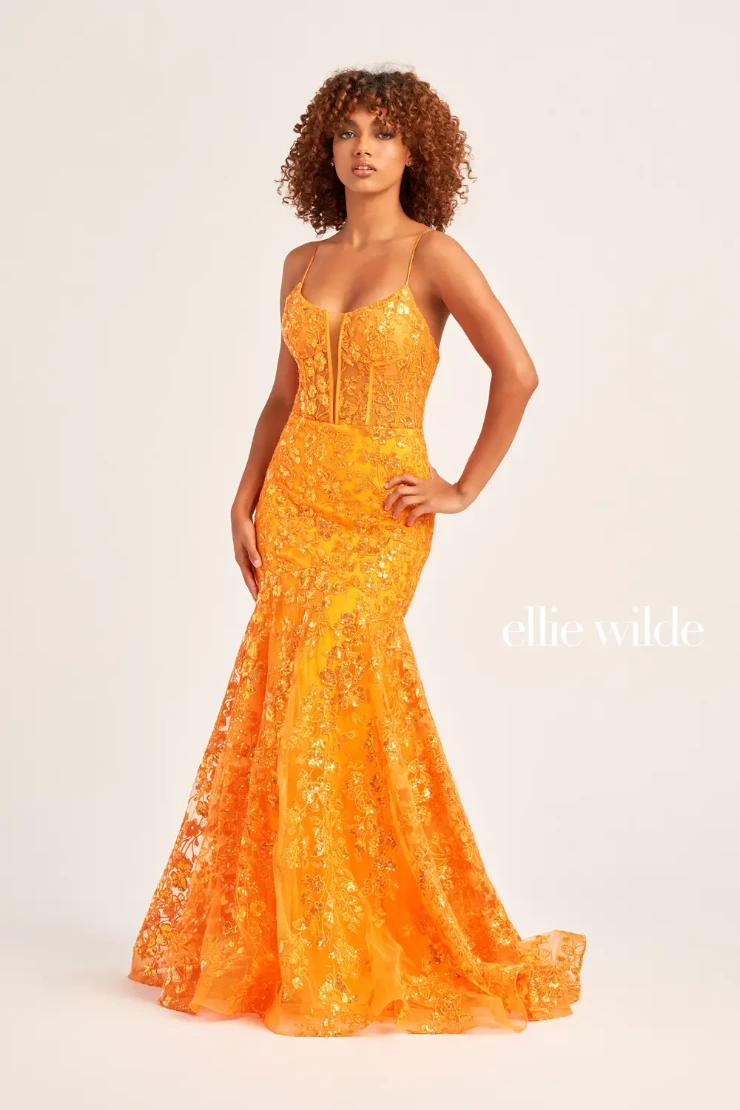 EW35203 plunging scoop neckline prom dress with a sheer corset bodice #4 Orange picture