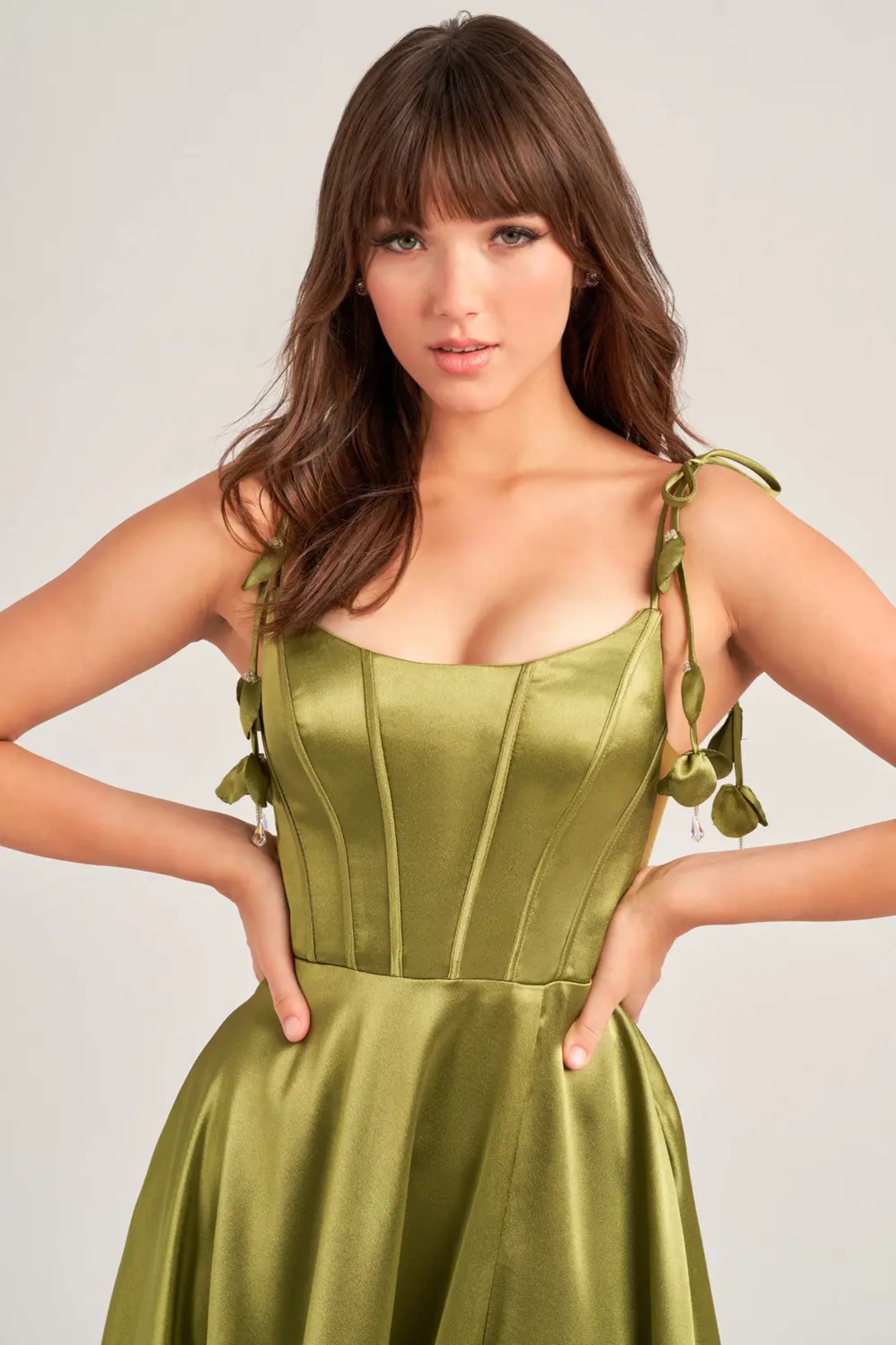 Full size EW35215 SATIN SCOOP NECK WITH POCKETS AND LACE UP BACK #6 Olive picture