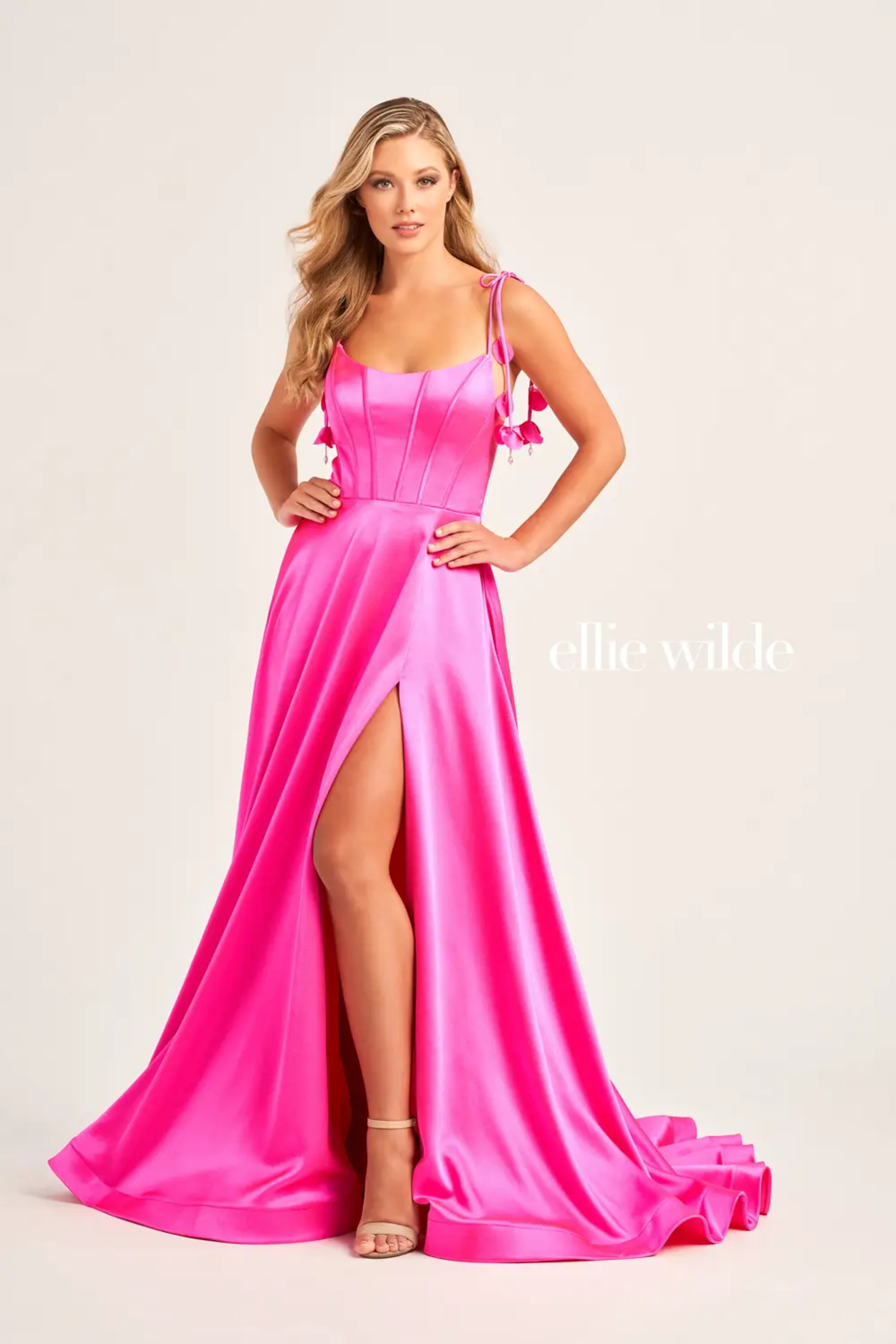 Full size EW35215 SATIN SCOOP NECK WITH POCKETS AND LACE UP BACK #4 Hot Pink picture