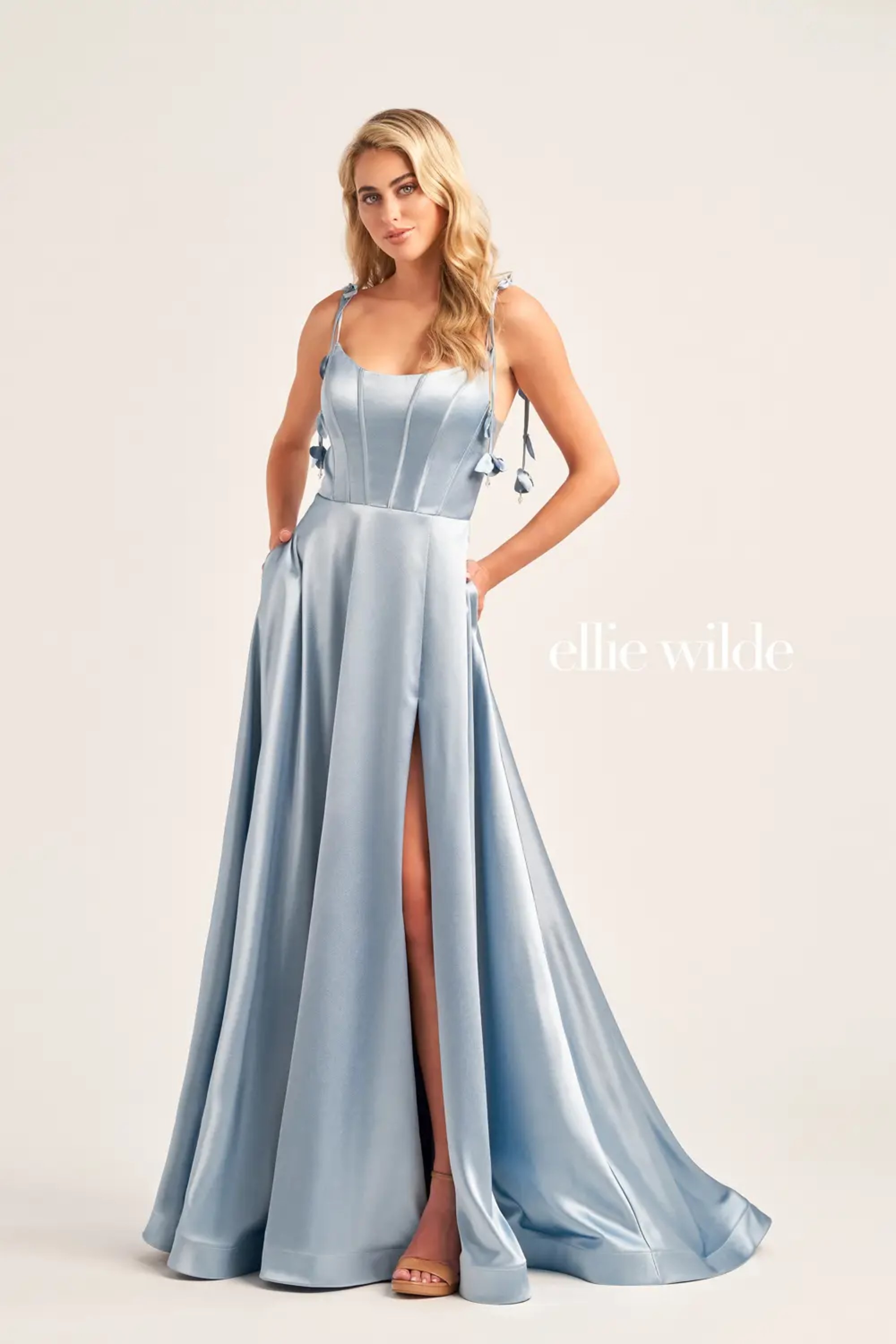 Full size EW35215 SATIN SCOOP NECK WITH POCKETS AND LACE UP BACK #3 Misty Blue picture