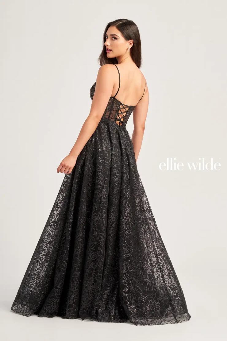 EW35216 plunging v-neck prom dress with pockets and a sheer corset bodice #2 default Black picture