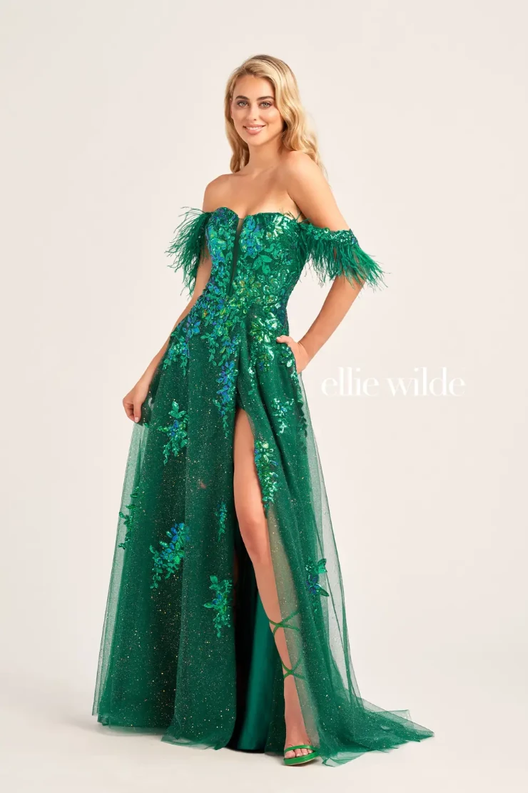 EW35220 GLITTER TULLE A-LINE PROM DRESS WITH DETACHABLE DRAPED OFF SHOULDER FEATHER STRAPS #1 default Emerald picture
