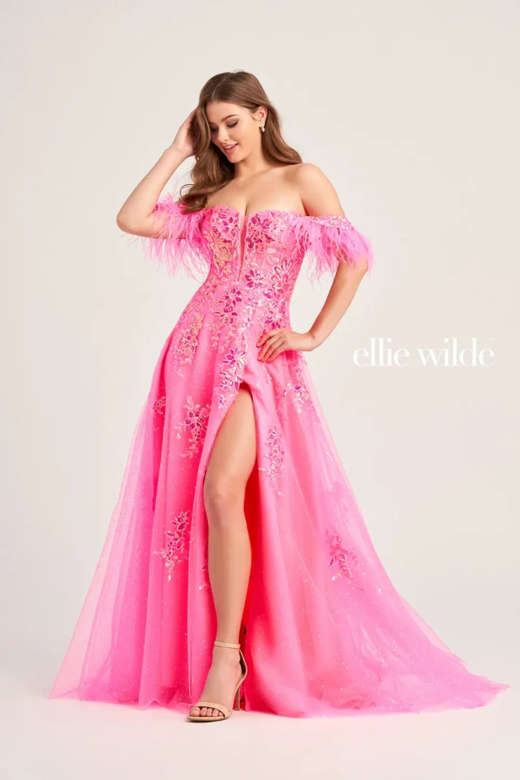 EW35220 GLITTER TULLE A-LINE PROM DRESS WITH DETACHABLE DRAPED OFF SHOULDER FEATHER STRAPS #0 default Hot Pink picture