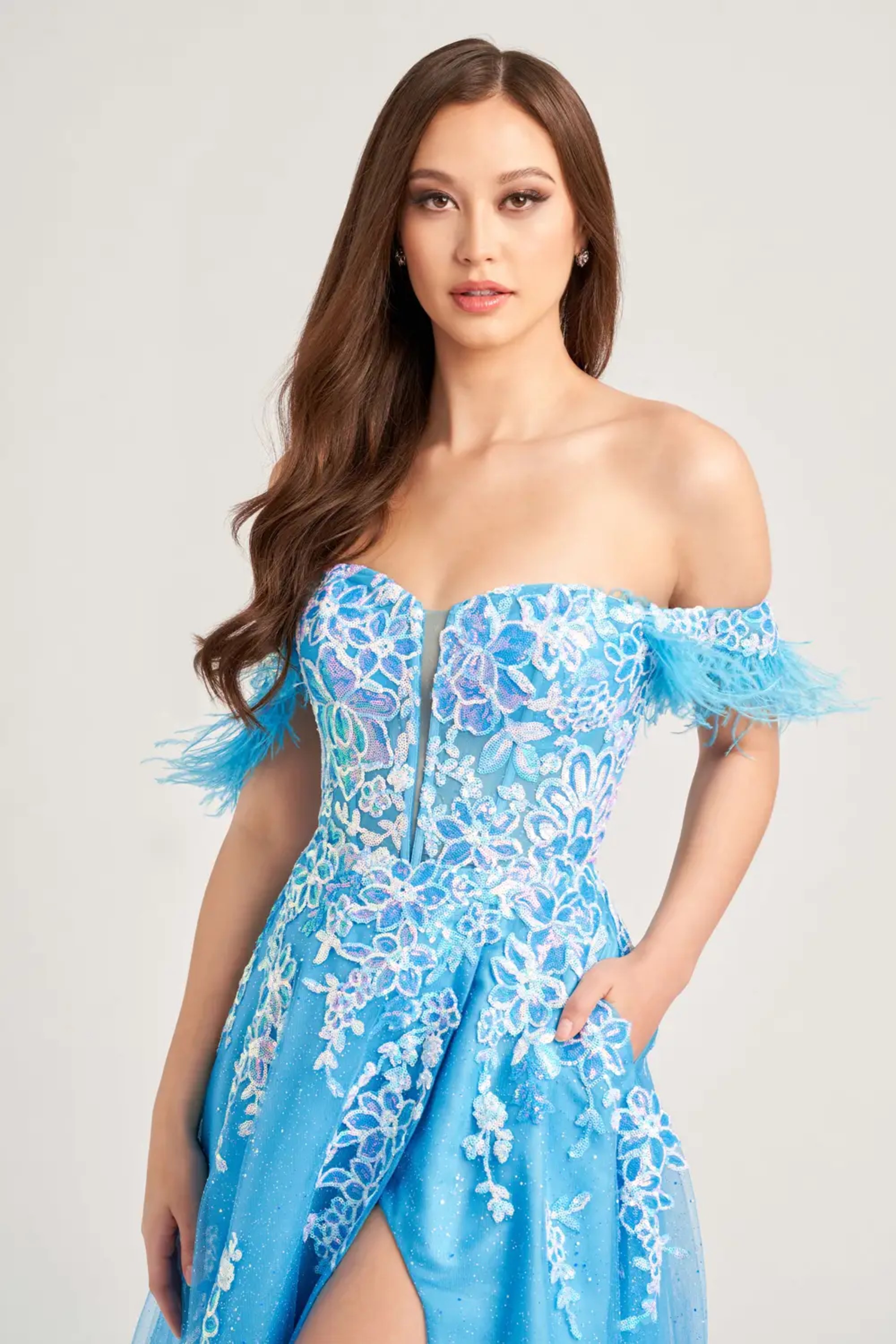Full size EW35220 GLITTER TULLE A-LINE PROM DRESS WITH DETACHABLE DRAPED OFF SHOULDER FEATHER STRAPS #5 Cerulean Blue picture