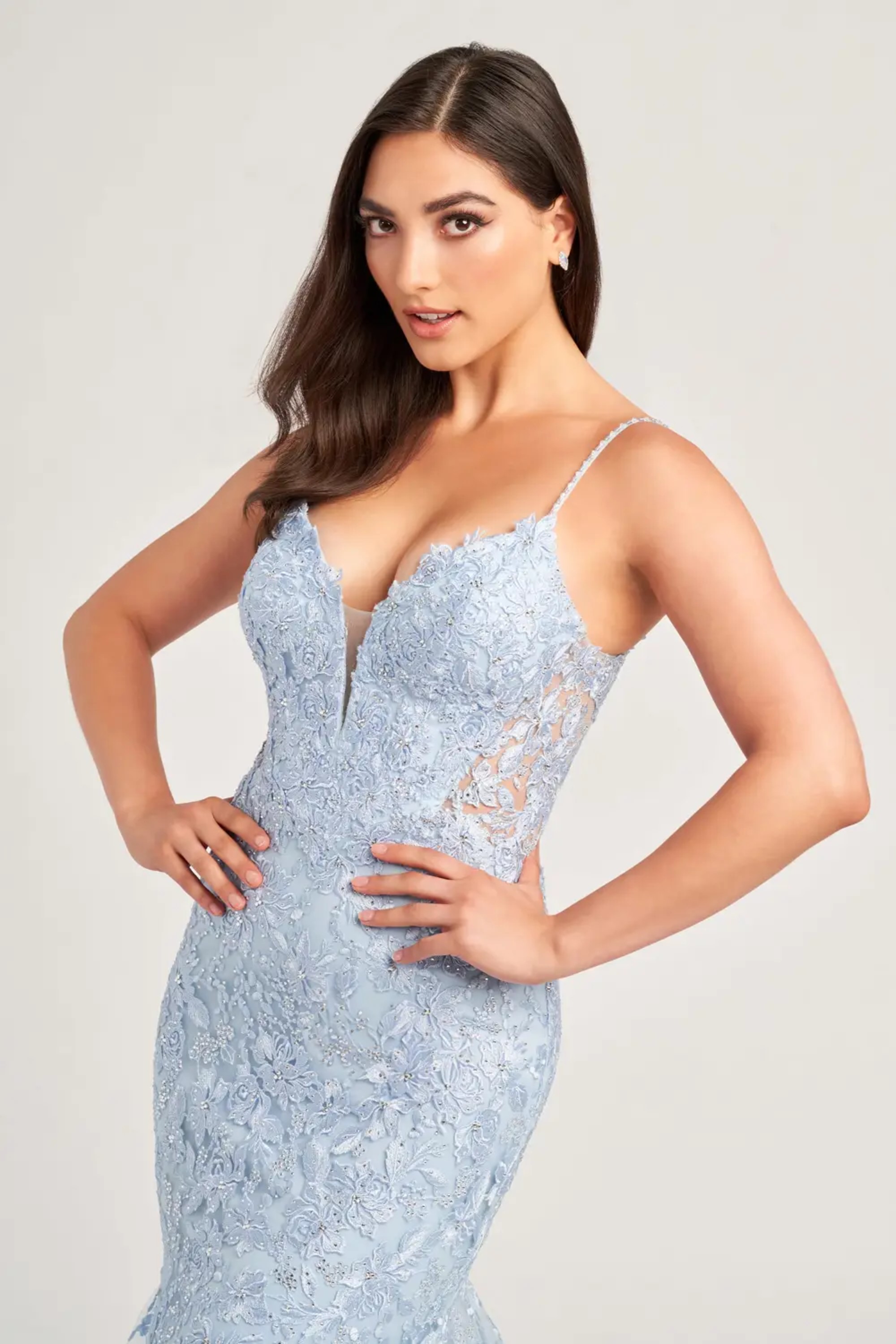 Full size EW35221 embroidered tulle, plunging v-neckline and low back mermaid dress #7 Light Blue picture