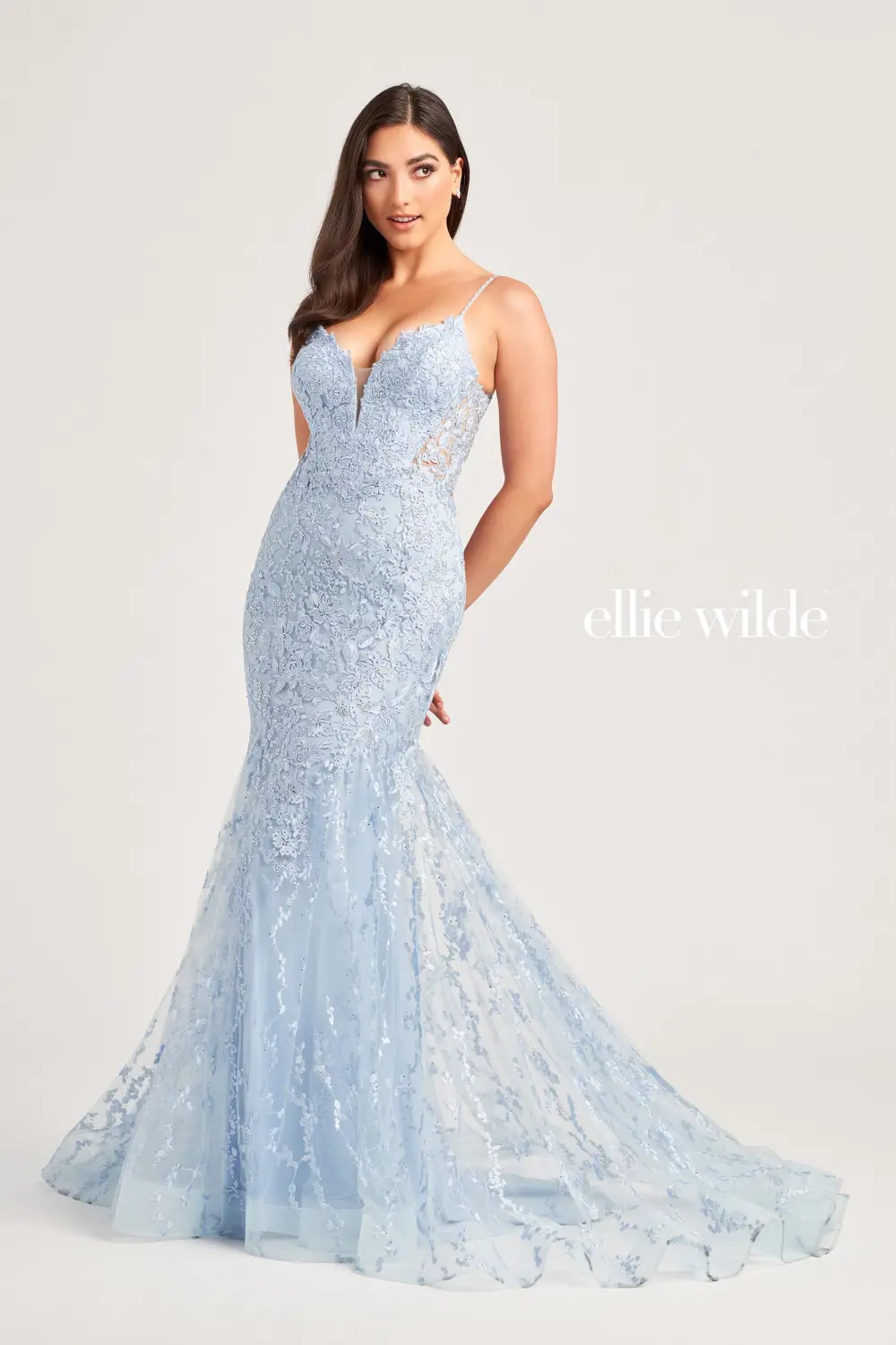 Full size EW35221 embroidered tulle, plunging v-neckline and low back mermaid dress #0 default Light Blue picture