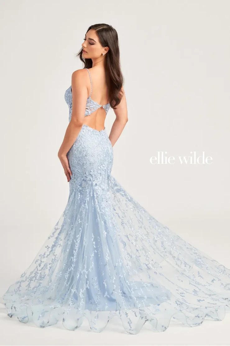 EW35221 embroidered tulle, plunging v-neckline and low back mermaid dress #2 default Light Blue picture