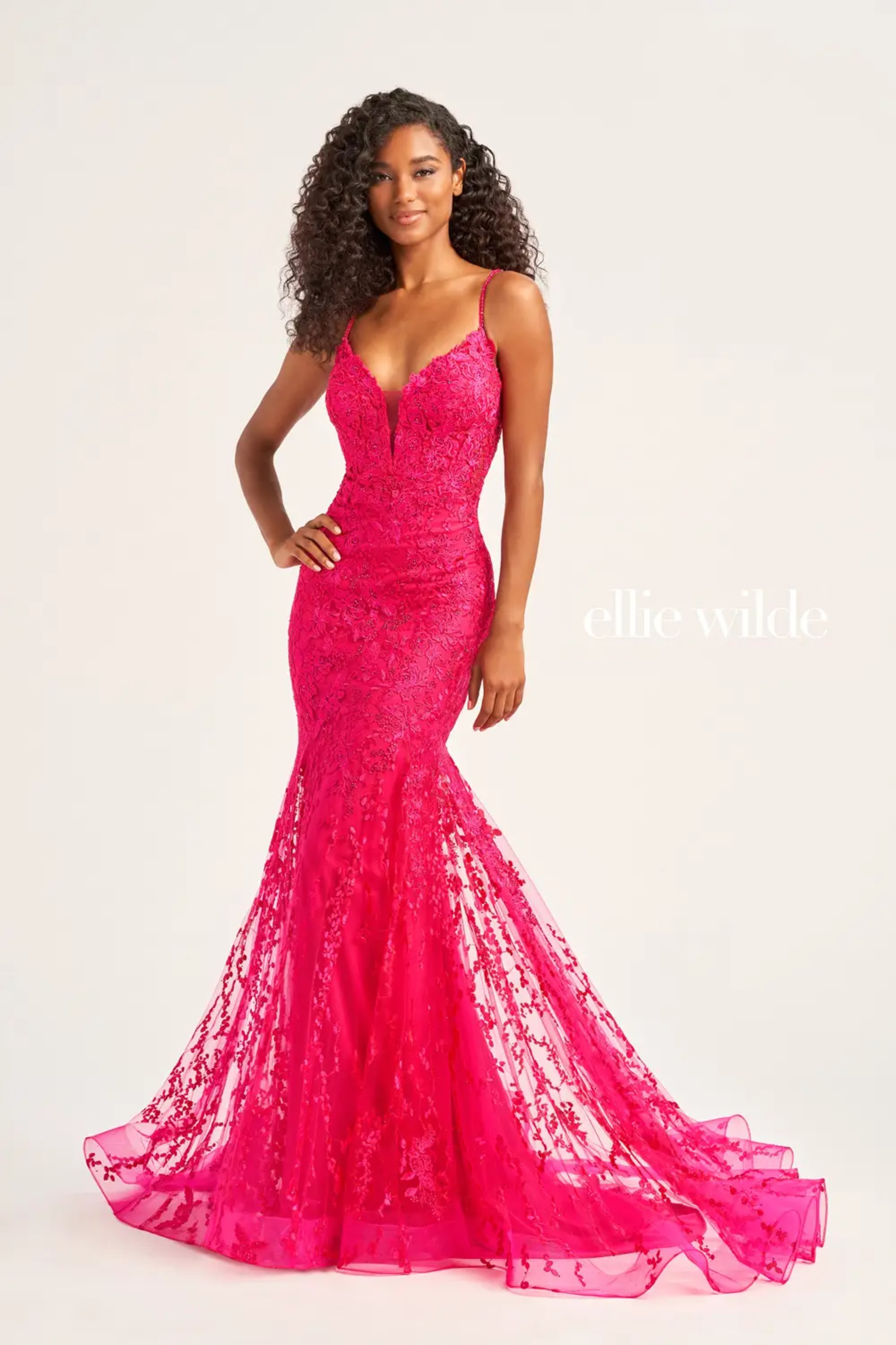 Full size EW35221 embroidered tulle, plunging v-neckline and low back mermaid dress #5 Magenta picture