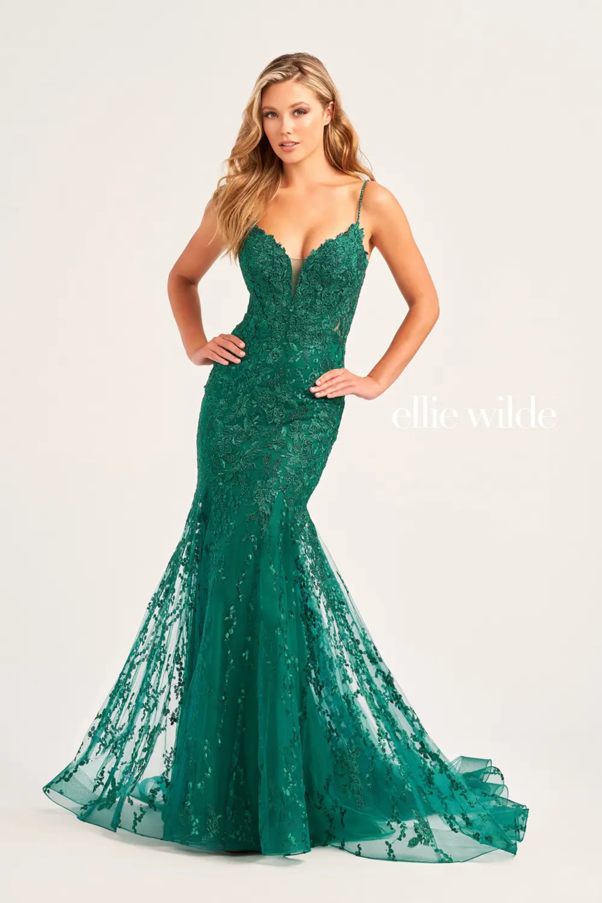 Full size EW35221 embroidered tulle, plunging v-neckline and low back mermaid dress #6 Emerald picture