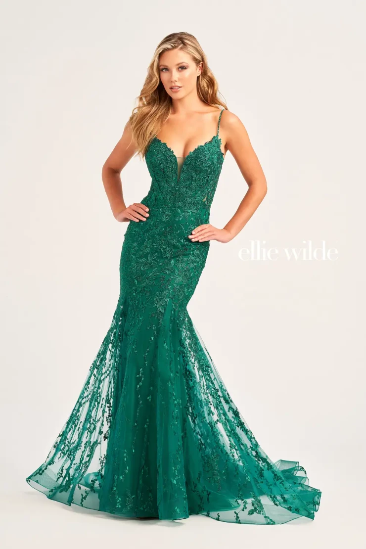 EW35221 embroidered tulle, plunging v-neckline and low back mermaid dress #6 Emerald picture