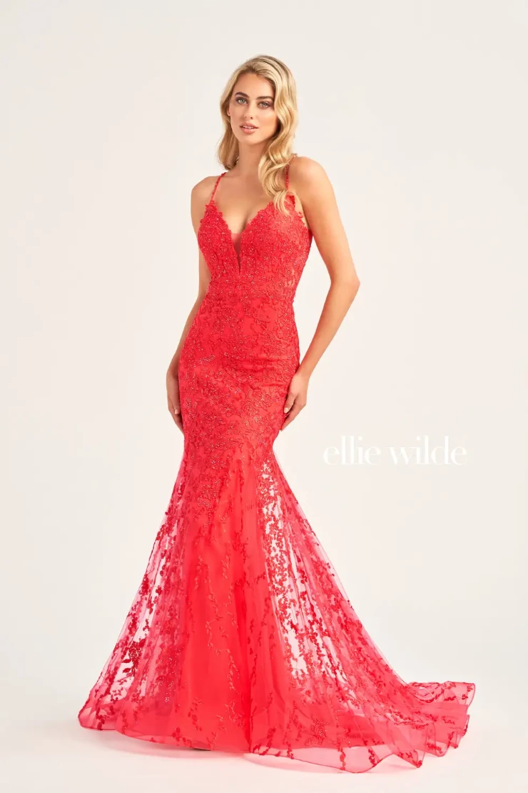 EW35221 embroidered tulle, plunging v-neckline and low back mermaid dress #3 Strawberry picture