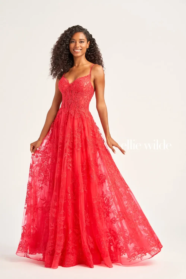 EW35226 BEADED A-LINE PROM DRESS WITH EMBROIDERED TULLE, POCKETS AND HIGH SLIT #1 default Strawberry picture