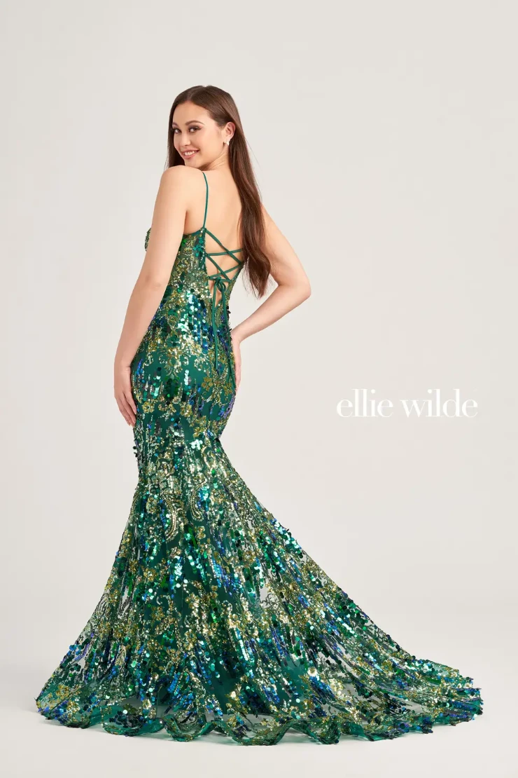 EW35228 SEQUIN MERMAID DRESS WITH LACE UP BACK #2 default Emerald/Gold picture