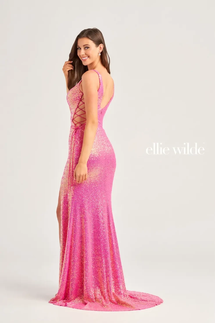 EW35235 ALLOVER SEQUIN PROM DRESS WITH LACE UP SIDE WAIST AND OPEN BACK #2 default Hot Pink picture