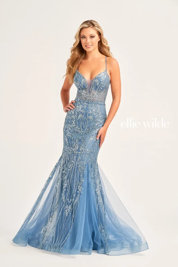 EW35236 CRACKED ICE AND GLITTER TULLE MERMAID DRESS WITH LACE UP BACK #0 default Steel Blue picture