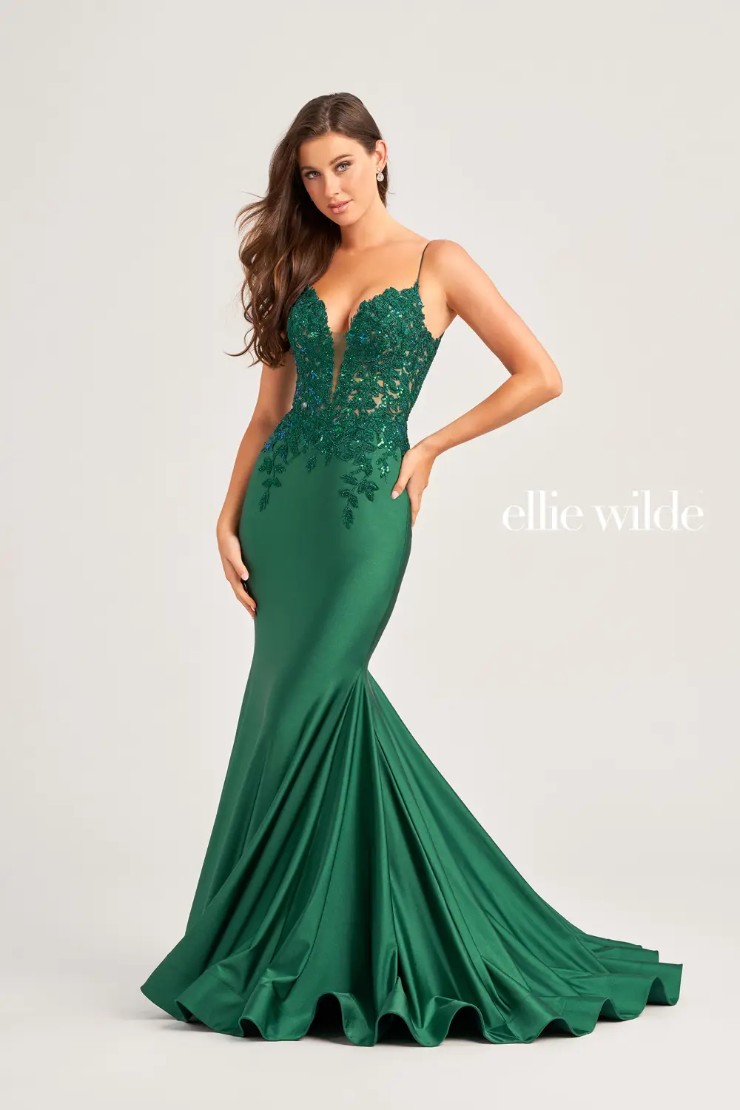 EW35237 STRETCH JERSEY MERMAID DRESS WITH LACE APPLIQUES ON A SHEER CORSET BODICE #0 default Emerald picture