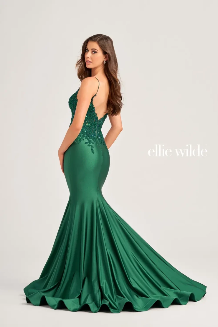 EW35237 STRETCH JERSEY MERMAID DRESS WITH LACE APPLIQUES ON A SHEER CORSET BODICE #2 default Emerald picture
