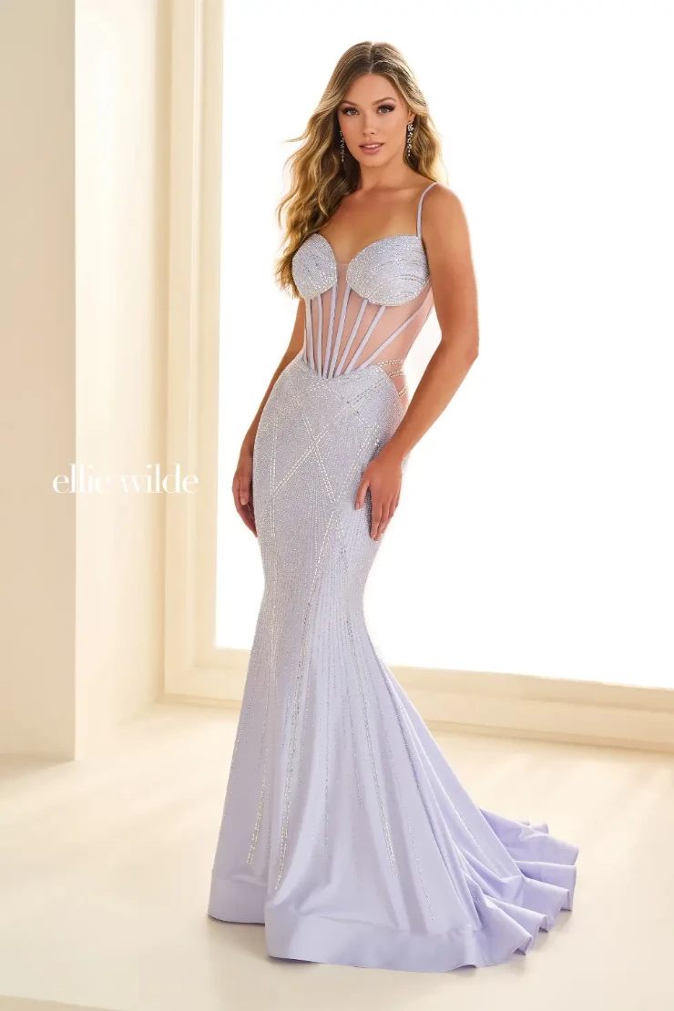 EW36001 Mermaid prom dress with corset bodice, lace-up back, and beaded stretch knit fabric #9 Lavender Frost picture