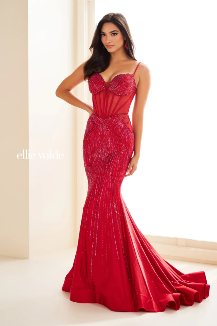 EW36001 Mermaid prom dress with corset bodice, lace-up back, and beaded stretch knit fabric #3 Ruby picture