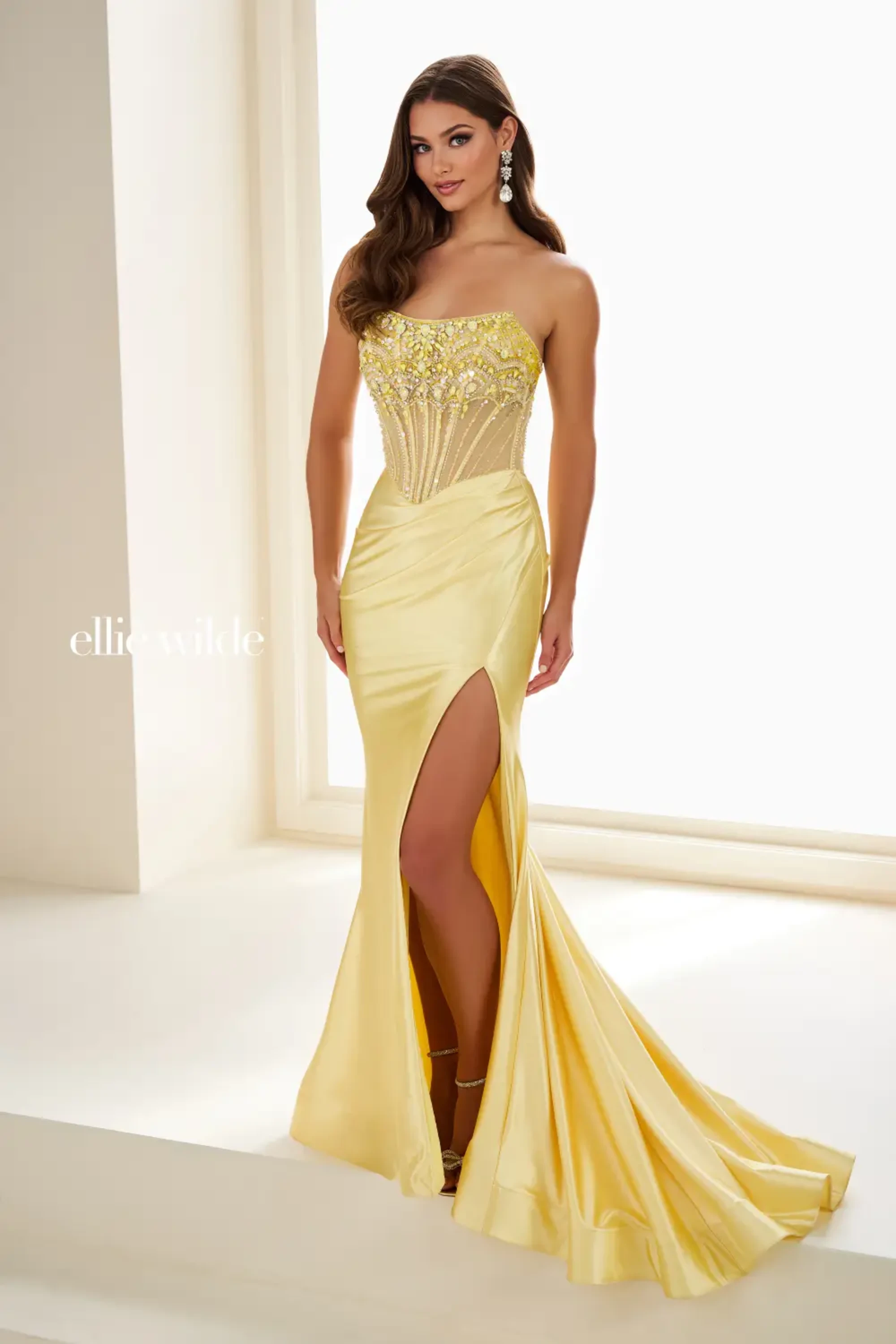 Full size EW36002 Glamorous mermaid gown with stone-encrusted corset bodice and lace-up back #5 Yellow picture