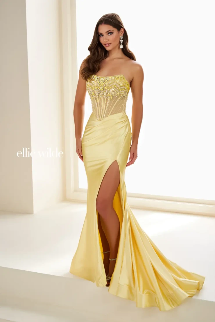 EW36002 Glamorous mermaid gown with stone-encrusted corset bodice and lace-up back #5 Yellow picture