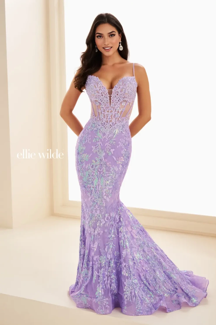 EW36003 Mermaid gown with embroidered sequin mesh, lace appliqué, and sultry cut-out back #10 Lavender picture