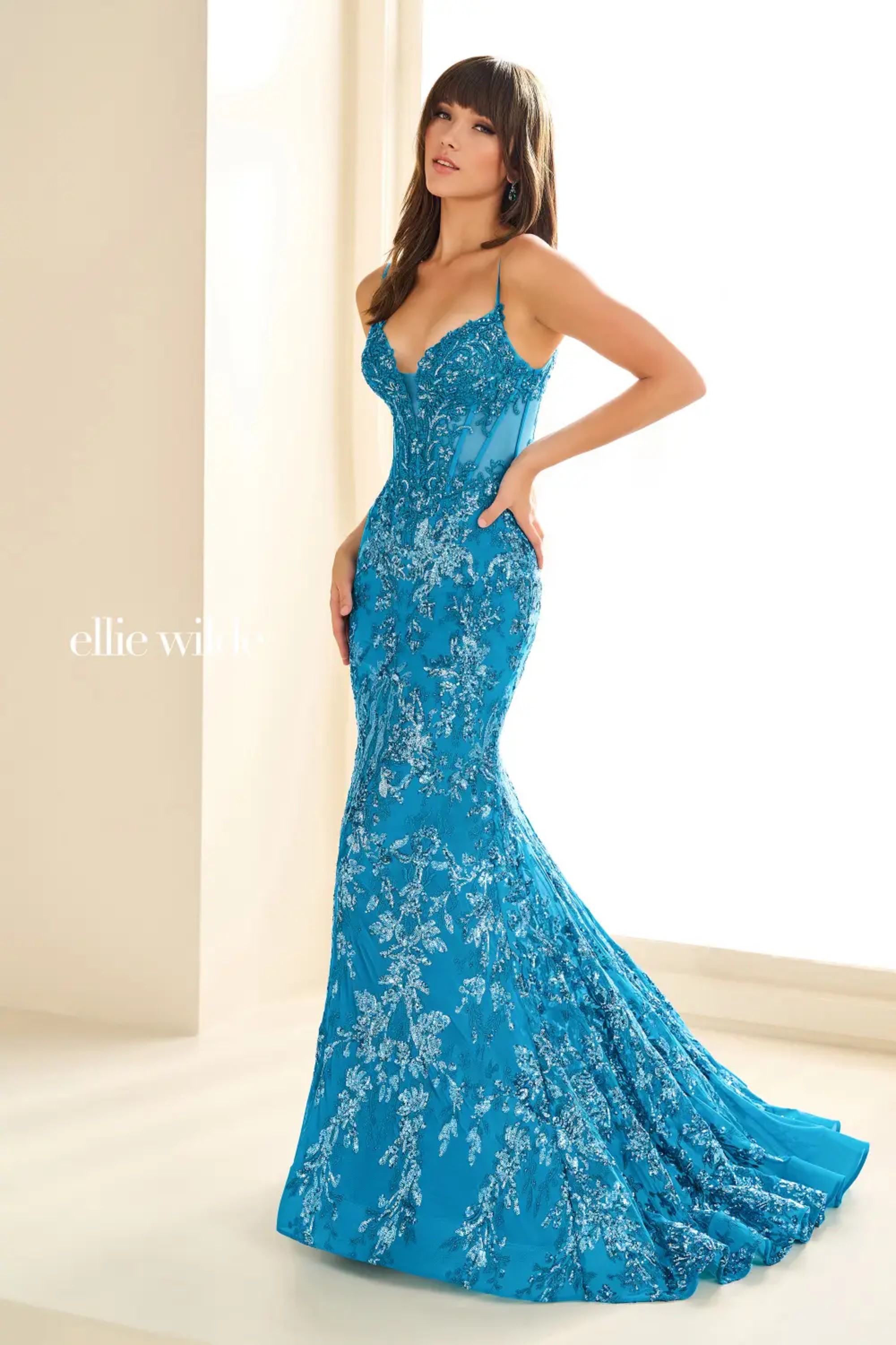 Full size EW36003 Mermaid silhouette, corset snatched, and dripping in shimmer. Sweetheart neckline meets lace appliqué drama with a sultry cut-out back #3 Cerulean Blue picture