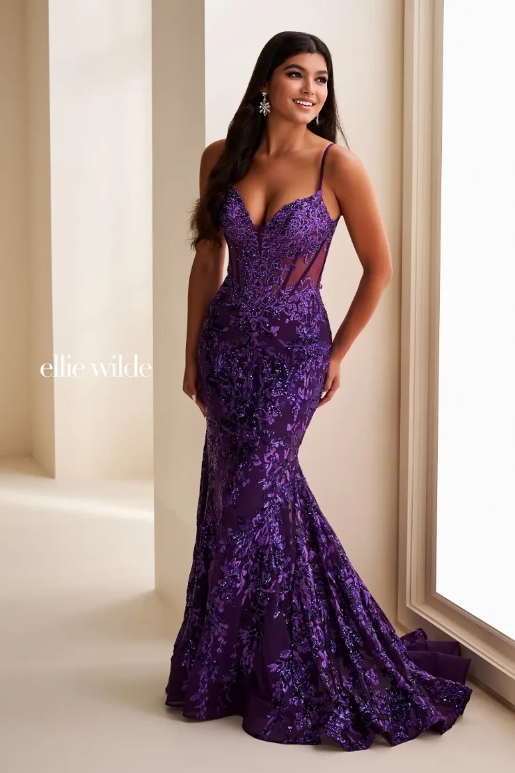 EW36003 Mermaid gown with embroidered sequin mesh, lace appliqué, and sultry cut-out back #3 Dark Purple picture