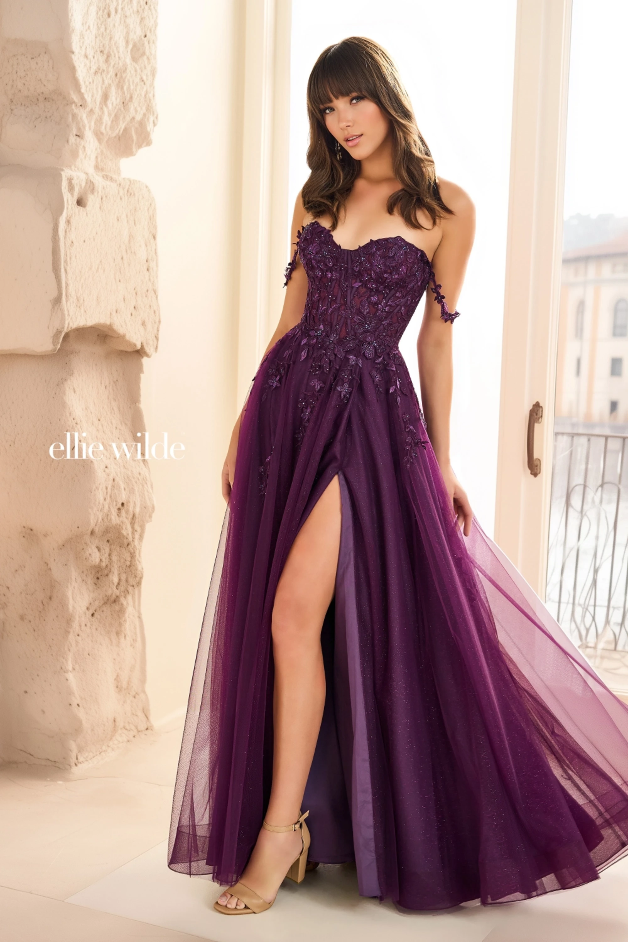 Full size EW36083 Flirty A-line gown with sweetheart neckline and off-shoulder straps #0 default Dark Purple picture