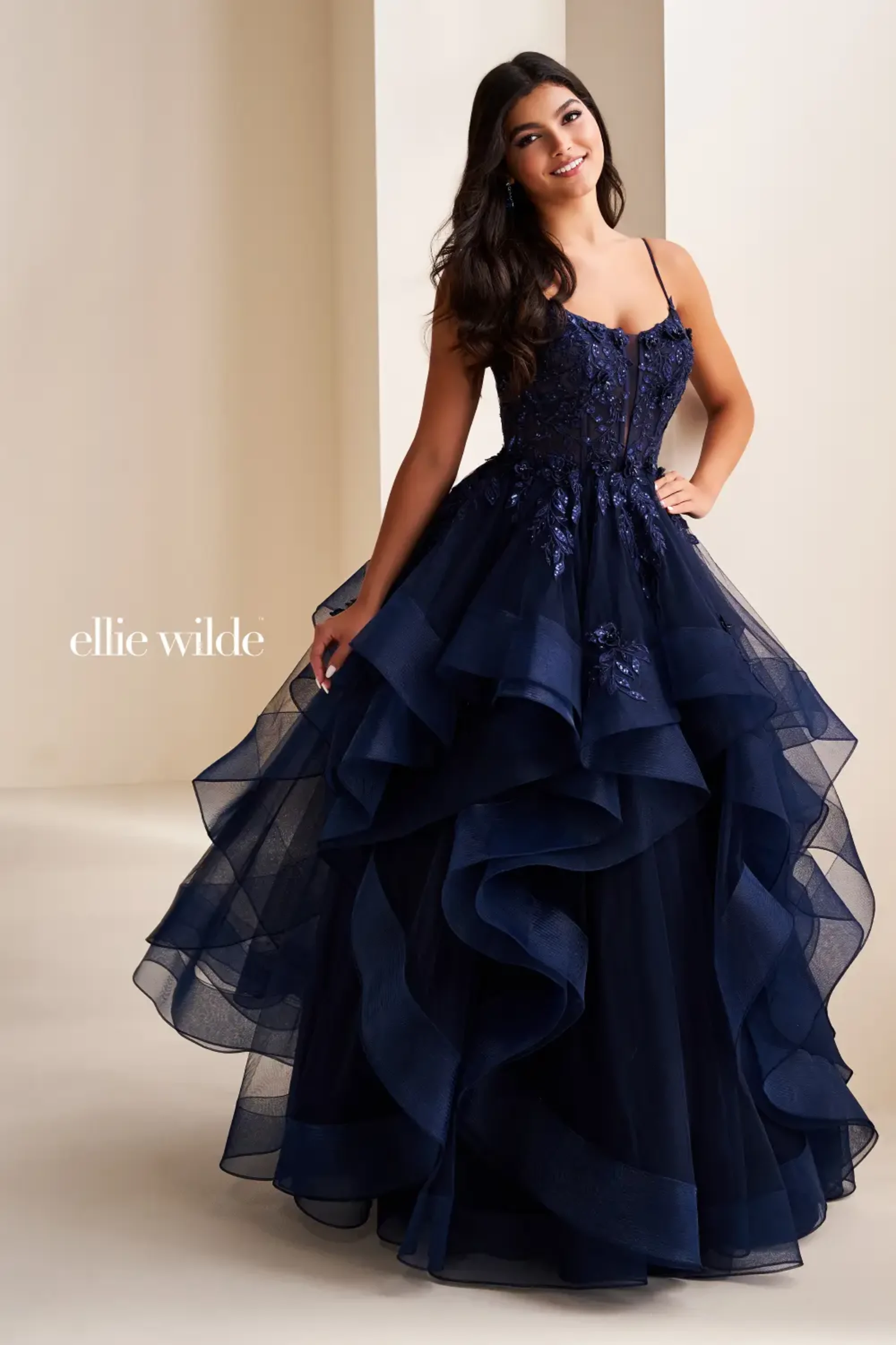 Full size EW36225 Layers of Glamour Beaded Lace Ball Gown with 3D Floral Corset Bodice #4 Navy Blue picture