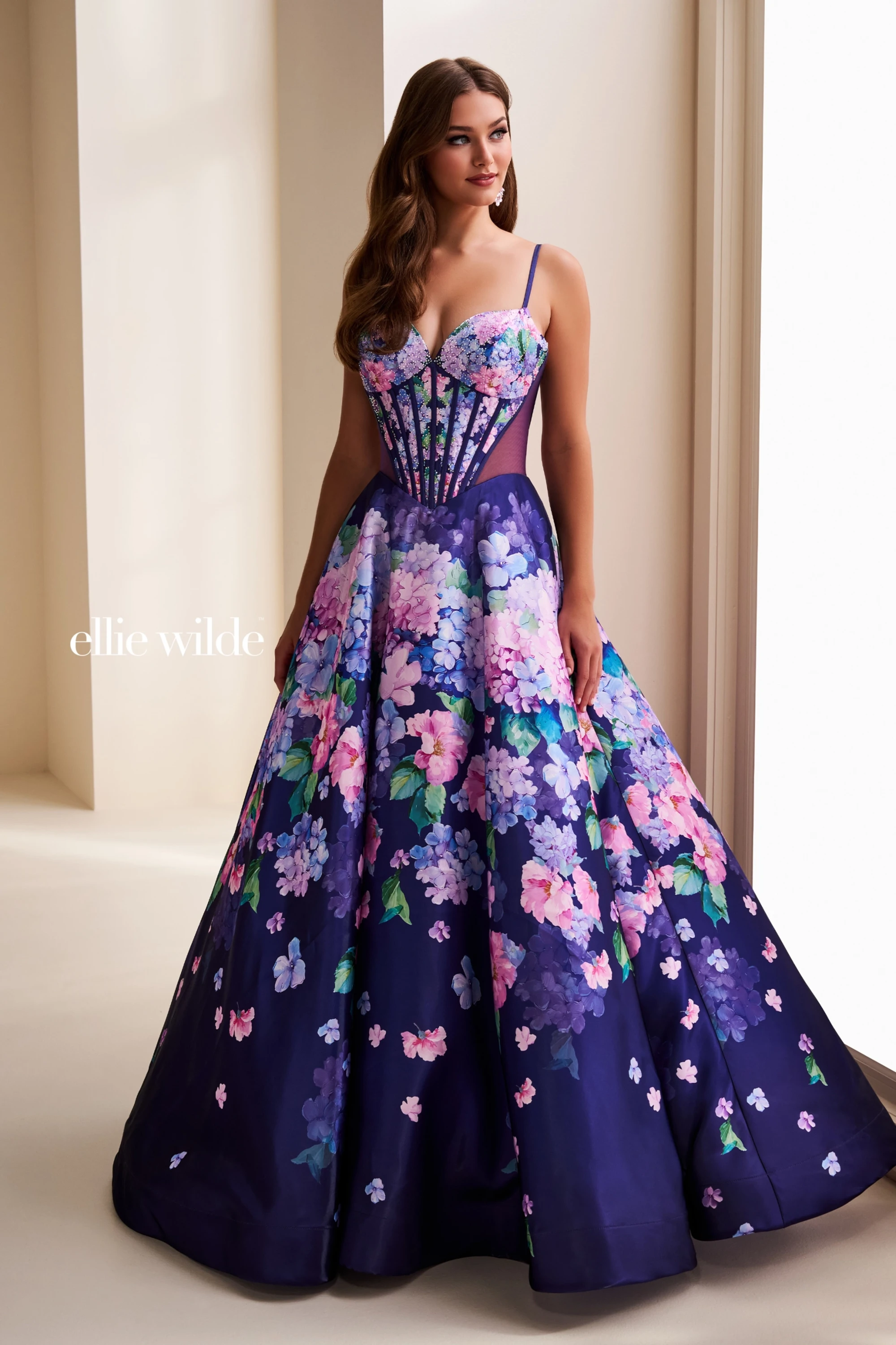 Full size EW37004 Floral ball gown prom dress w/ sweetheart neckline corset bodice #2 Dark Purple/Multi picture
