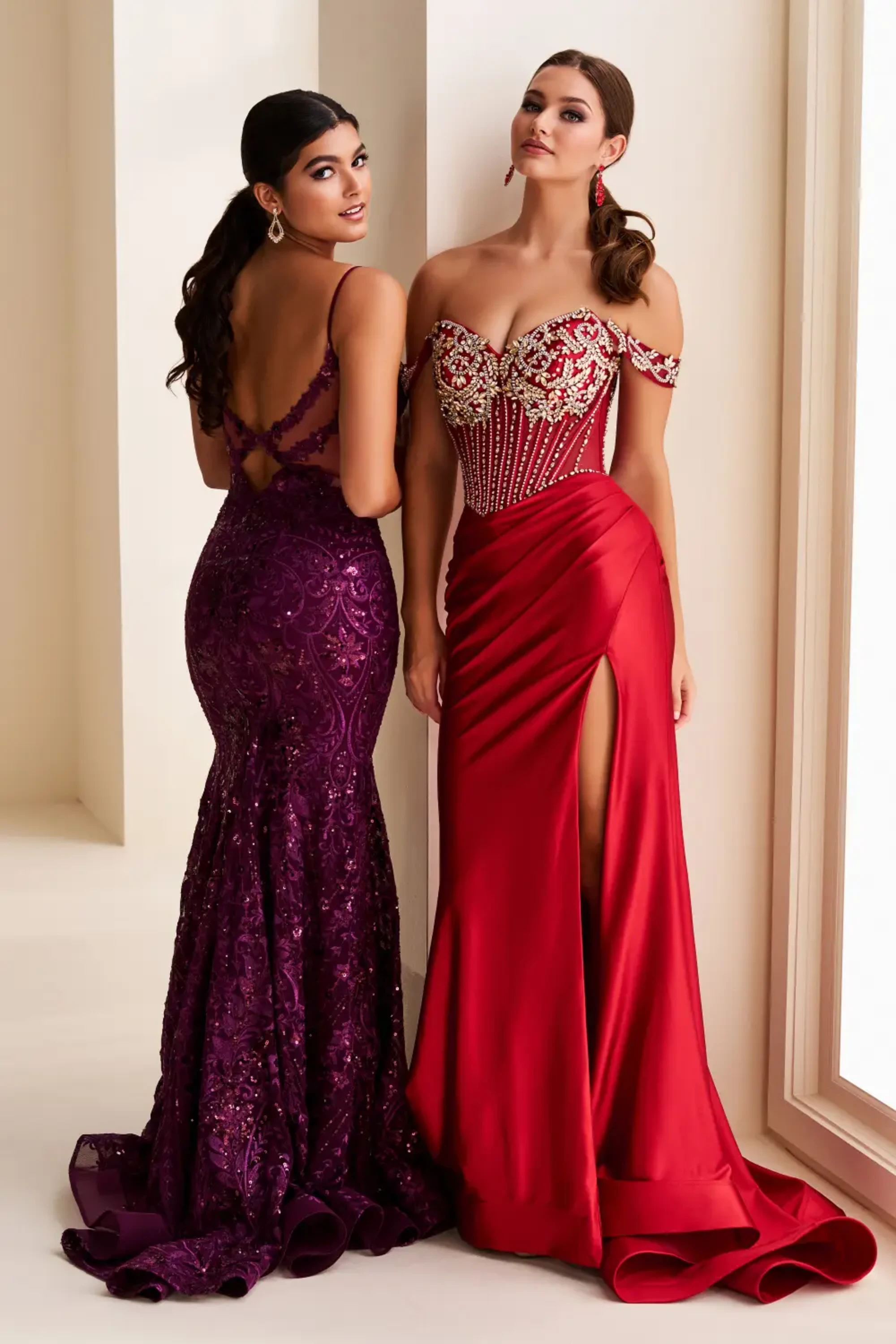 Full size EW37016 Off-the-Shoulder Stretch Gown w/ Sparkling Semi-Sheer Stone Bodice #8 Ruby/Gold picture