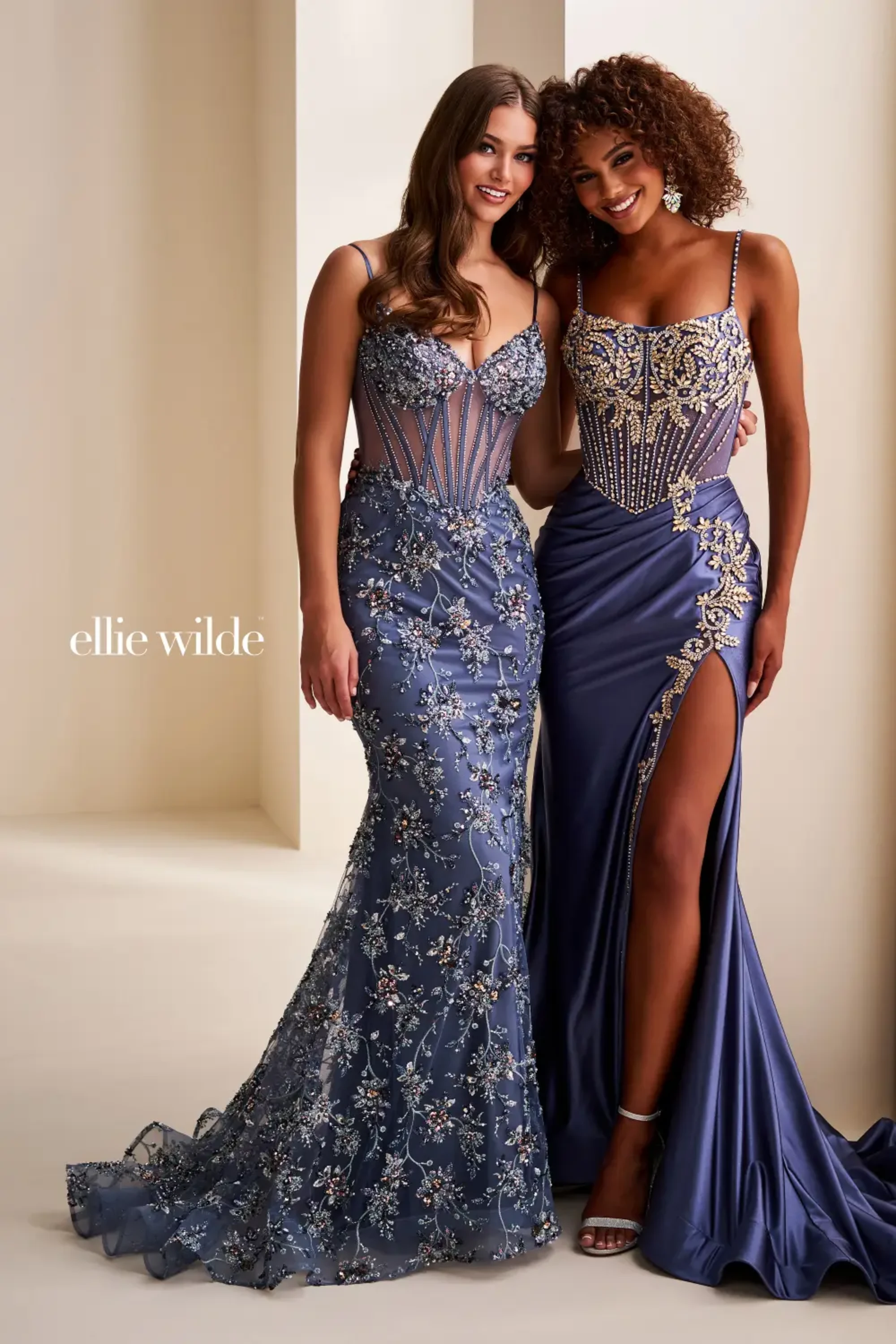 Full size EW37017 Glitter Tulle Mermaid Prom Gown w/ Stone Accents & Slit #6 Slate/Gold picture