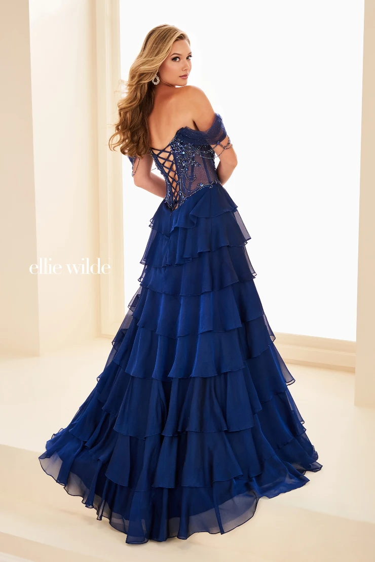 EW37018 Off-the-Shoulder Tiered Ruffle Gown w/ Beaded Accents #1 Navy picture