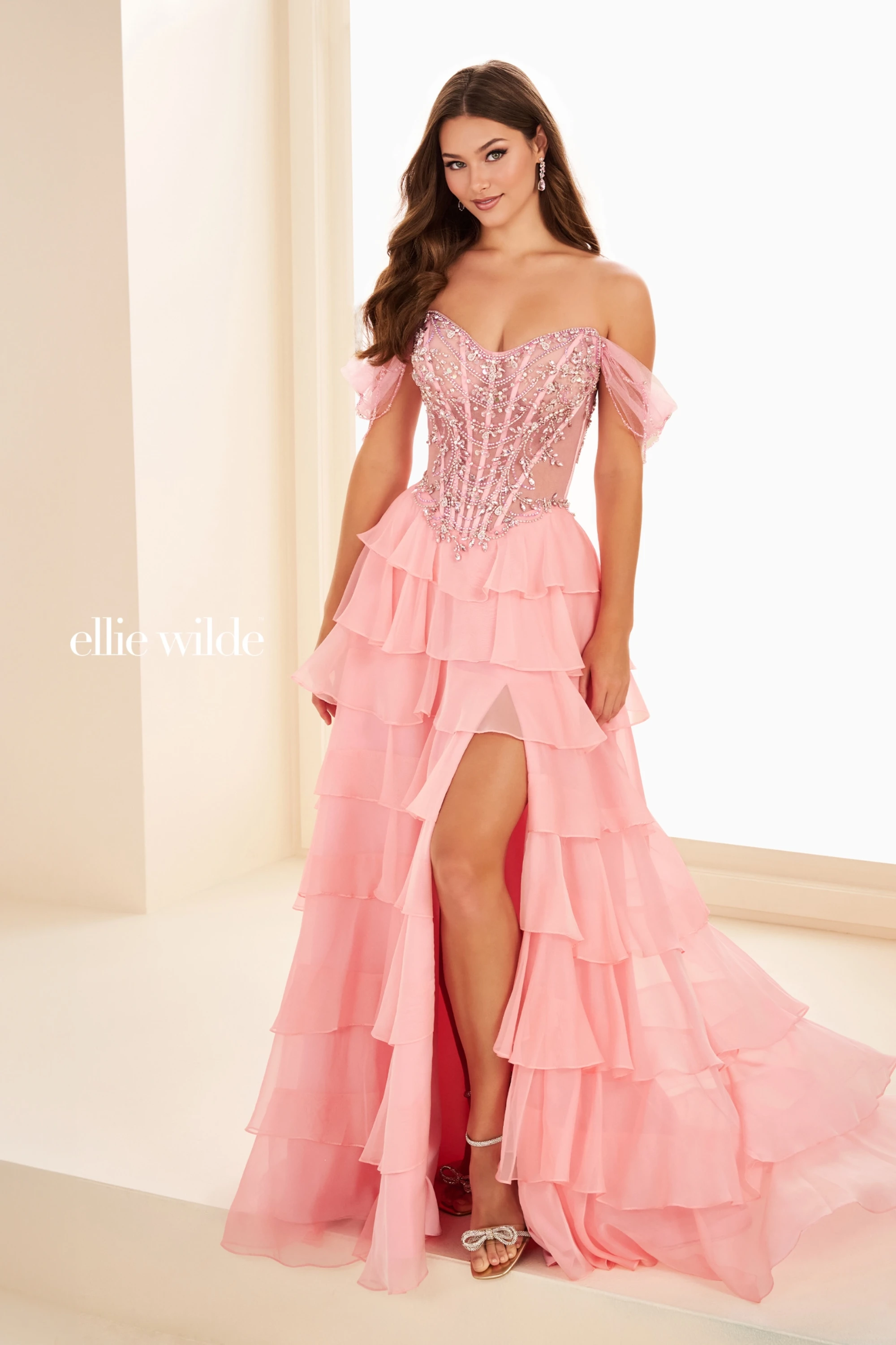 Full size EW37018 Off-the-Shoulder Tiered Ruffle Gown w/ Beaded Accents #0 default Candy Pink picture