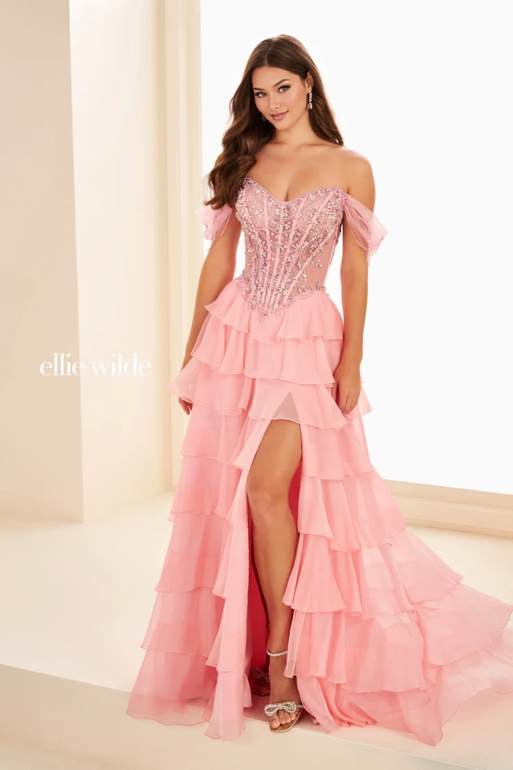 EW37018 Off-the-Shoulder Tiered Ruffle Gown w/ Beaded Accents #0 default Candy Pink picture