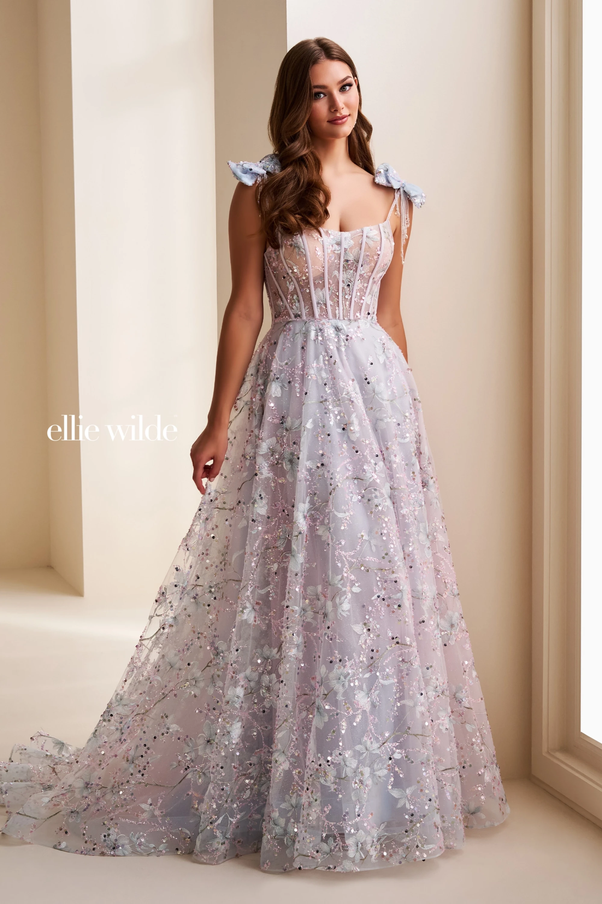 Full size EW37020 Embroidered Tulle A-Line Gown w/ Detachable Bows #2 Ice Blue/Multi picture
