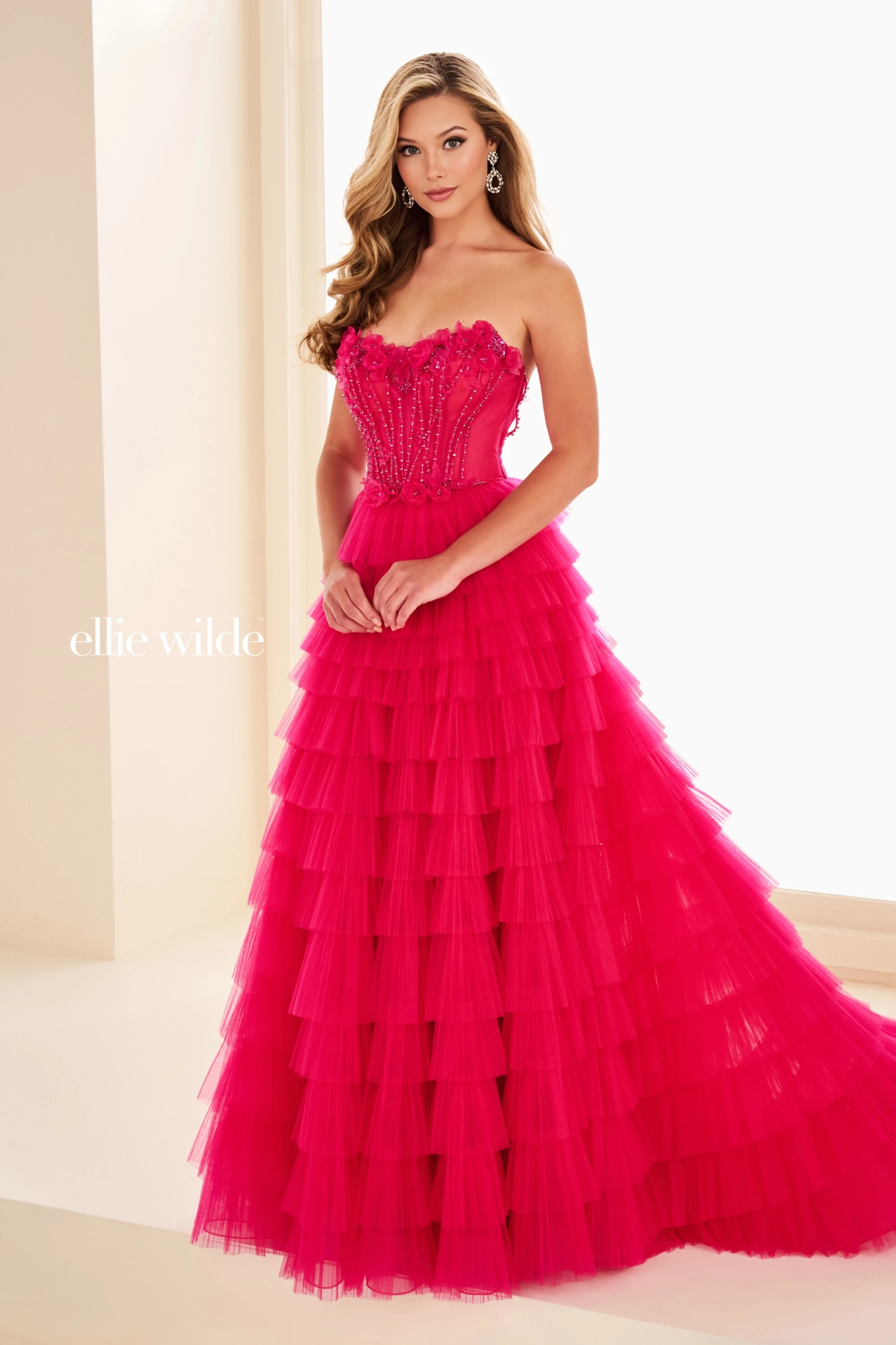 Full size EW37026 Tiered Ruffle Gown w/ Sheer Corset Bodice #0 default Magenta picture