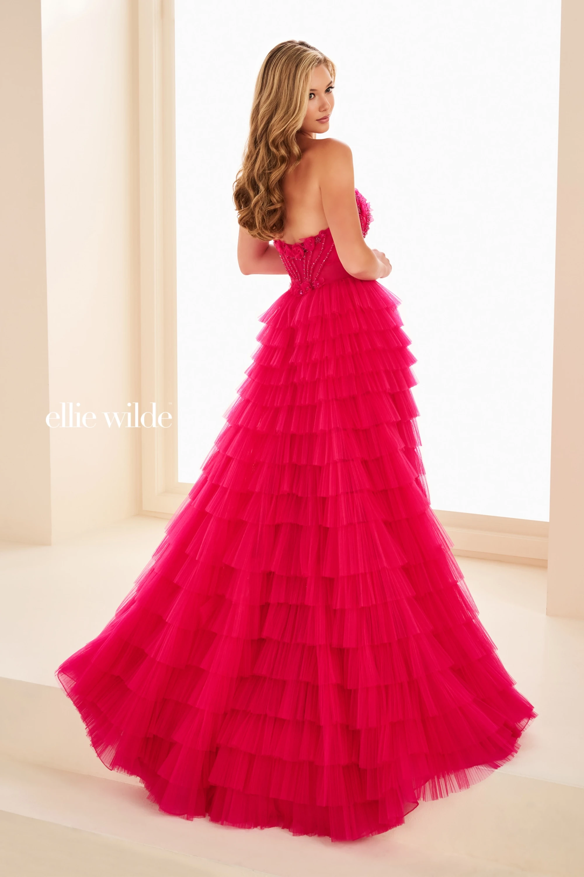 Full size EW37026 Tiered Ruffle Gown w/ Sheer Corset Bodice #1 Magenta picture