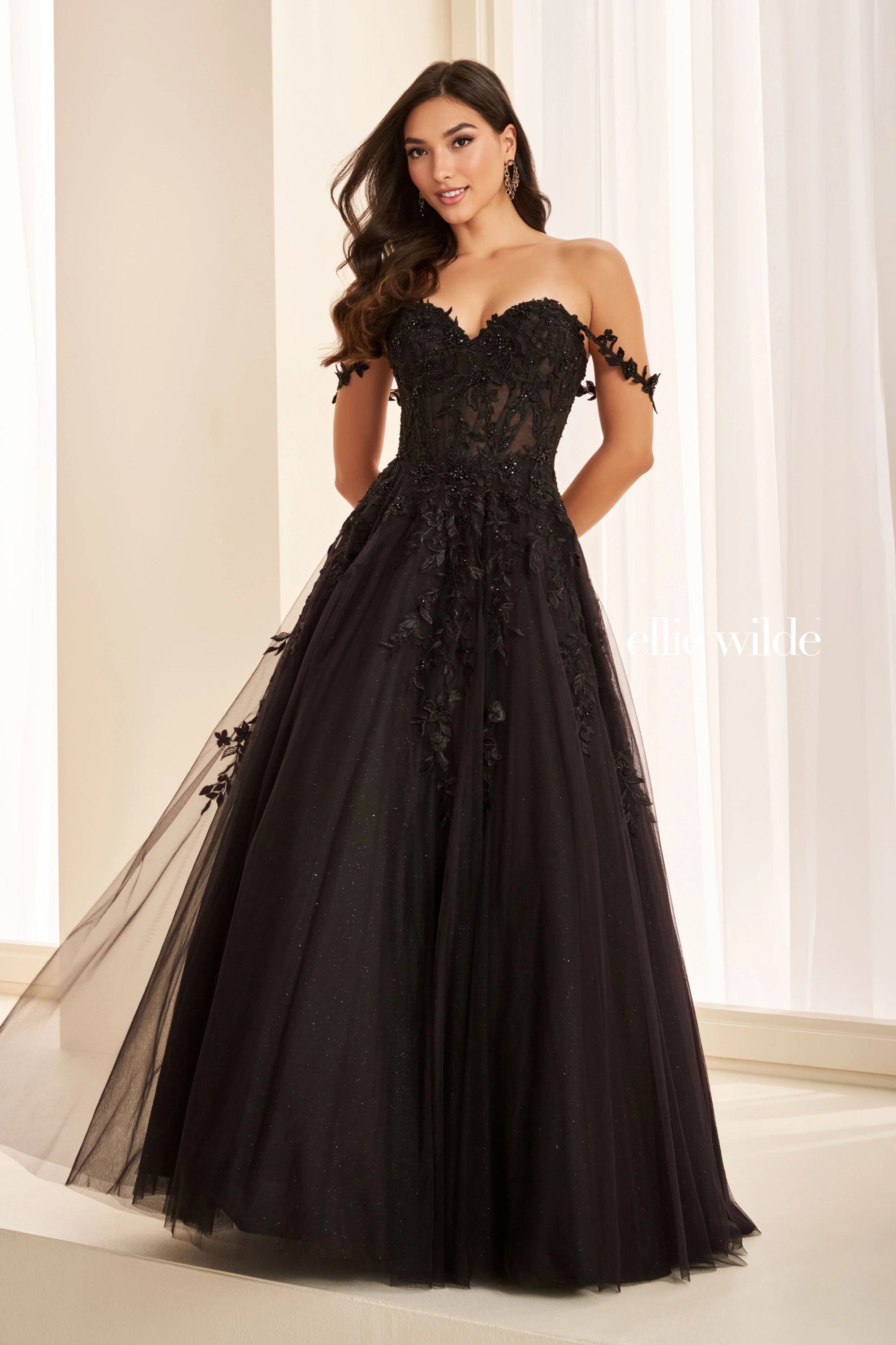 Full size EW37028 Off-the-Shoulder Floral Dress w/ Sheer Corset & Pockets #3 Black picture