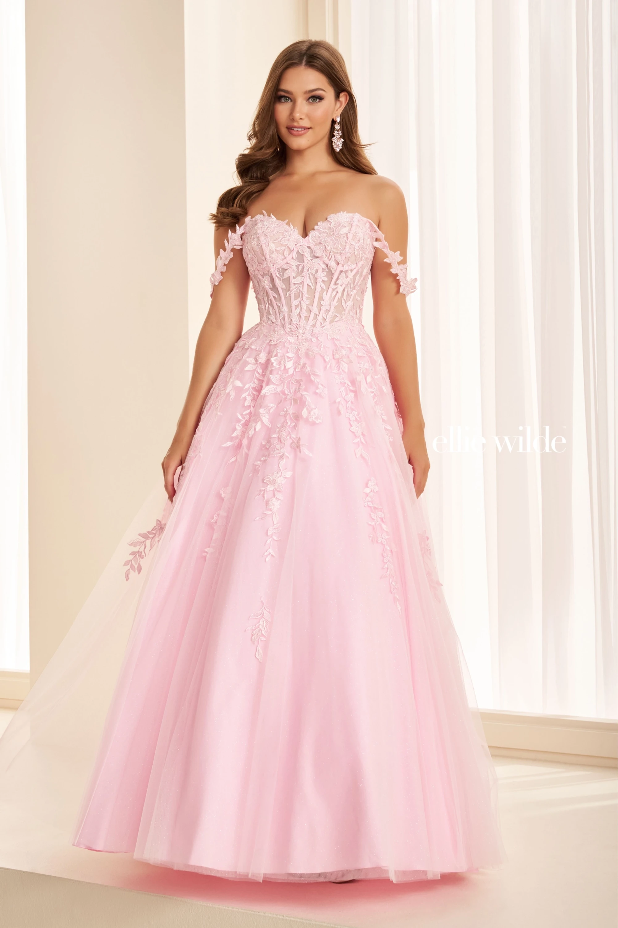 Full size EW37028 Off-the-Shoulder Floral Dress w/ Sheer Corset & Pockets #7 Light Pink picture