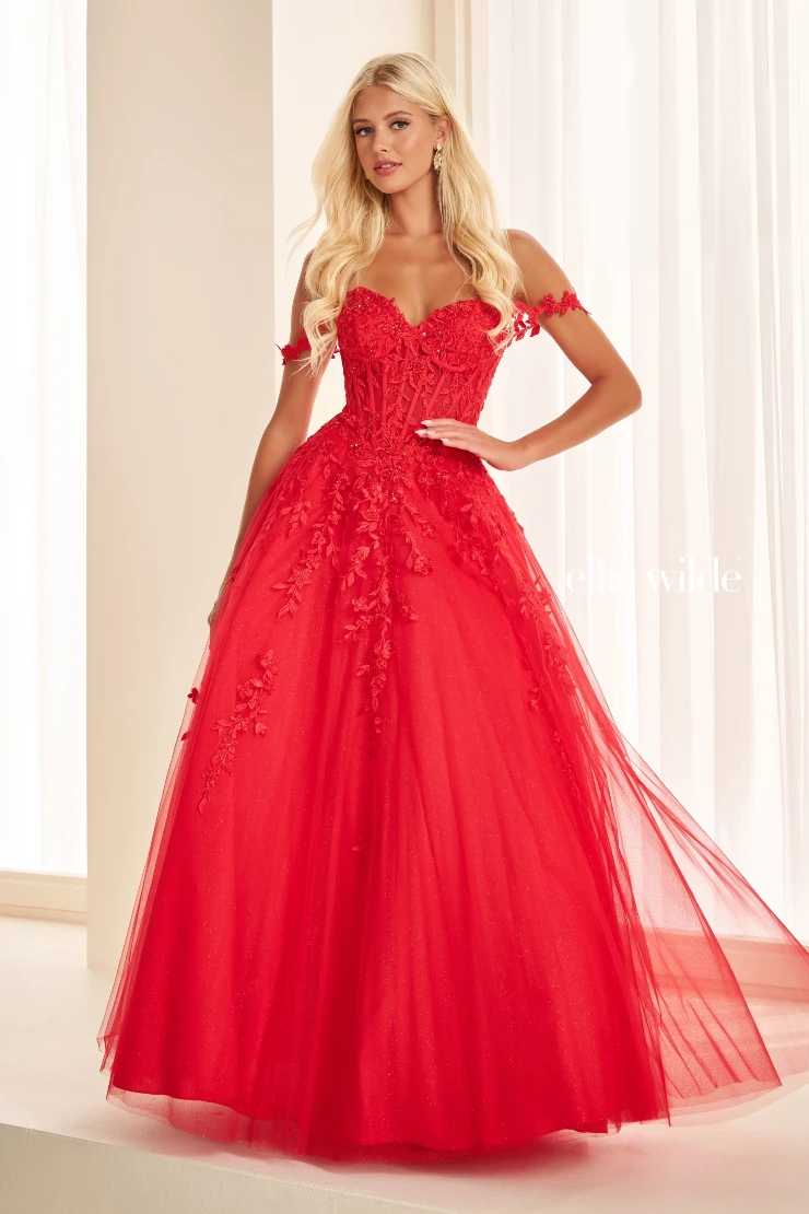 EW37028 Off-the-Shoulder Floral Dress w/ Sheer Corset & Pockets #8 Red picture