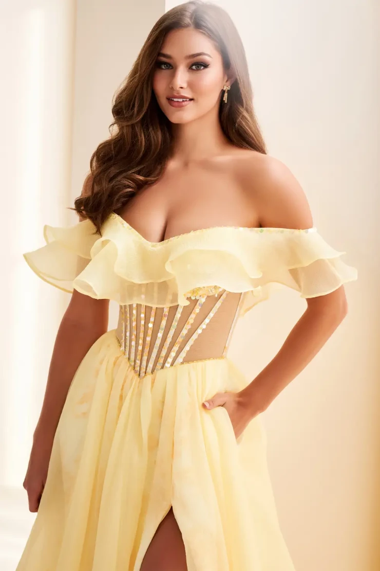 EW37029 Flowing Ball Gown w/ Detachable Organza Ruffle Collar #7 Canary Yellow picture
