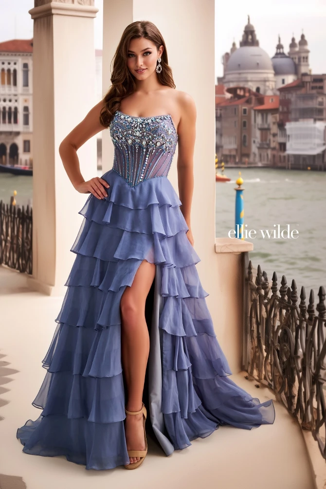 Chiffon A-Line Dress w/ Lace-Up Back & Slit
