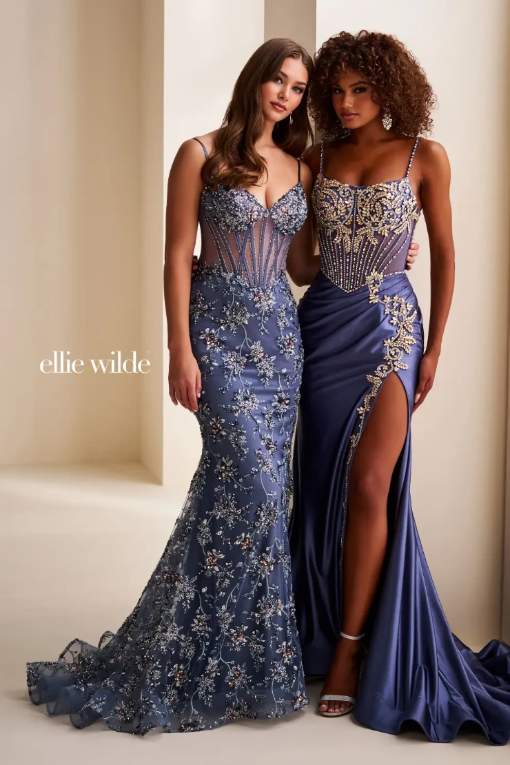 EW37058 Mermaid Dress w/ Sweetheart Neckline & Lace-Up Back #4 Slate/Multi picture