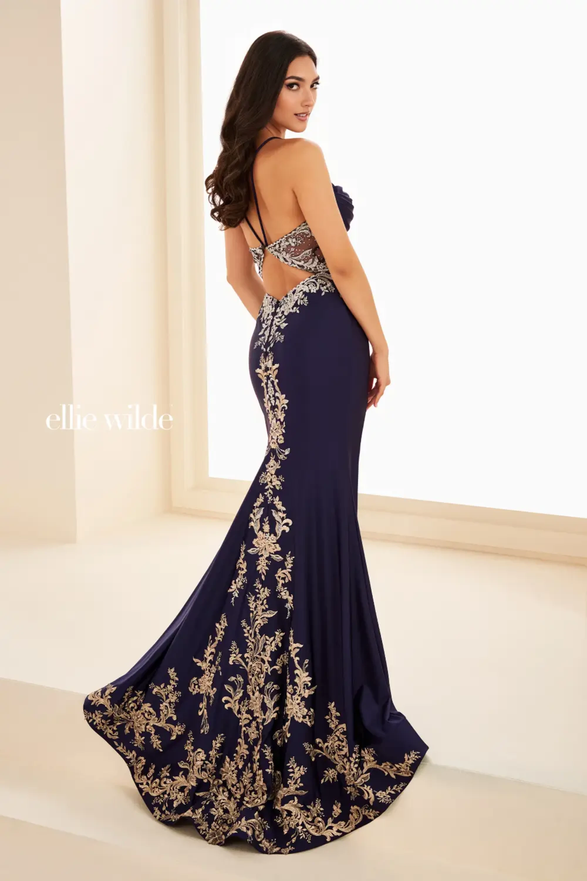 Full size EW37068 Beautiful Mermaid Prom Dress w/ Corset & Slit #4 Navy Blue/Silver picture