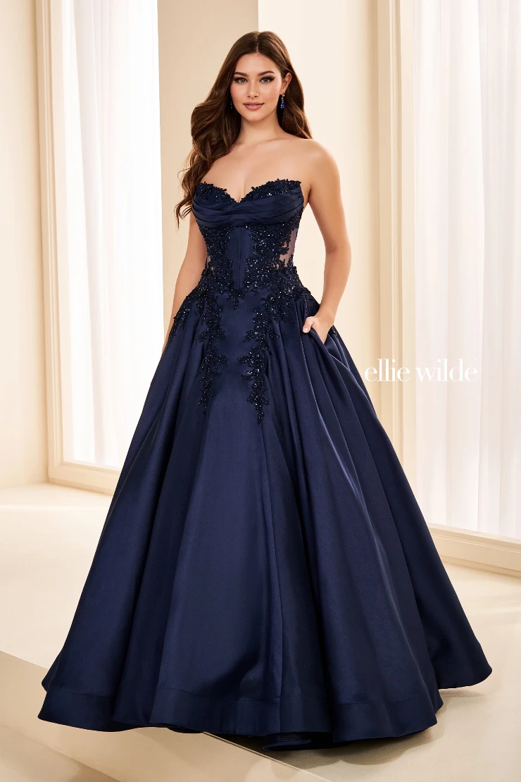 EW37082 Flirty, Feminine Mikado Ball Gown #4 Navy Blue picture